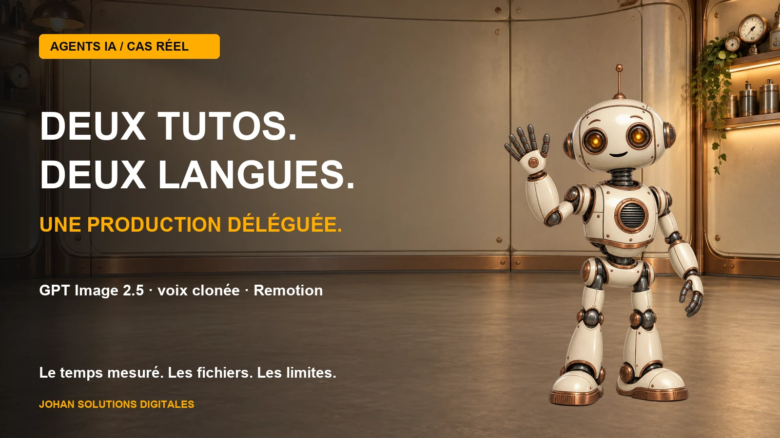 Le robot crème et cuivre des tutoriels dans son atelier : deux tutos, deux langues, une production déléguée.