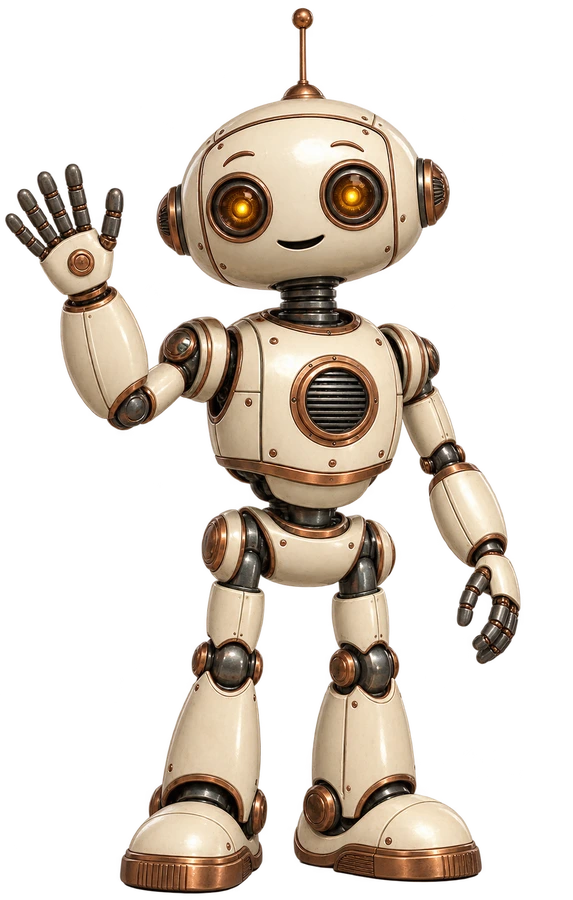 Robot crème et cuivre, main levée, en suspension dans son atelier