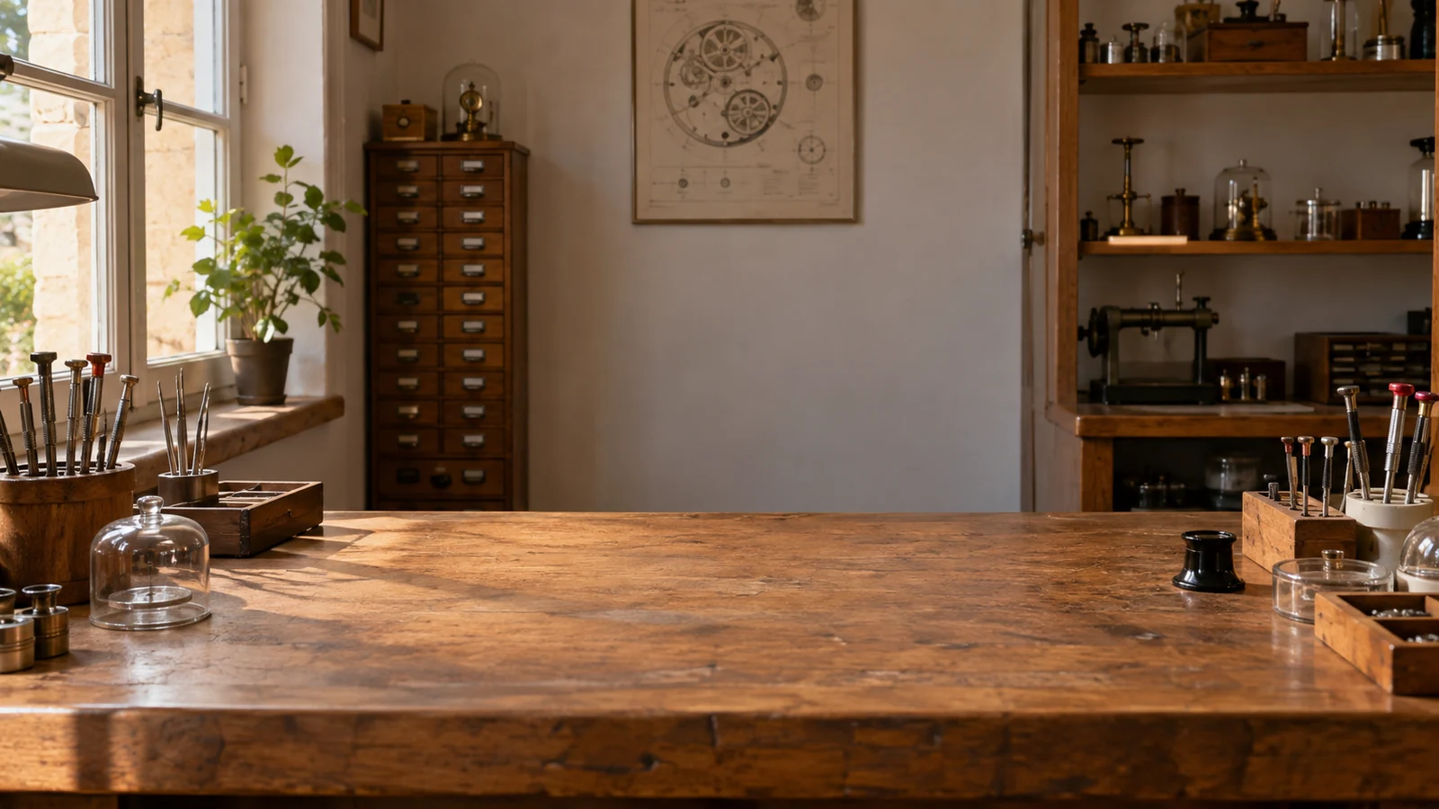Atelier d’horlogerie : établi en bois dégagé au centre, fenêtre à gauche, meuble à tiroirs et outils sur les côtés.