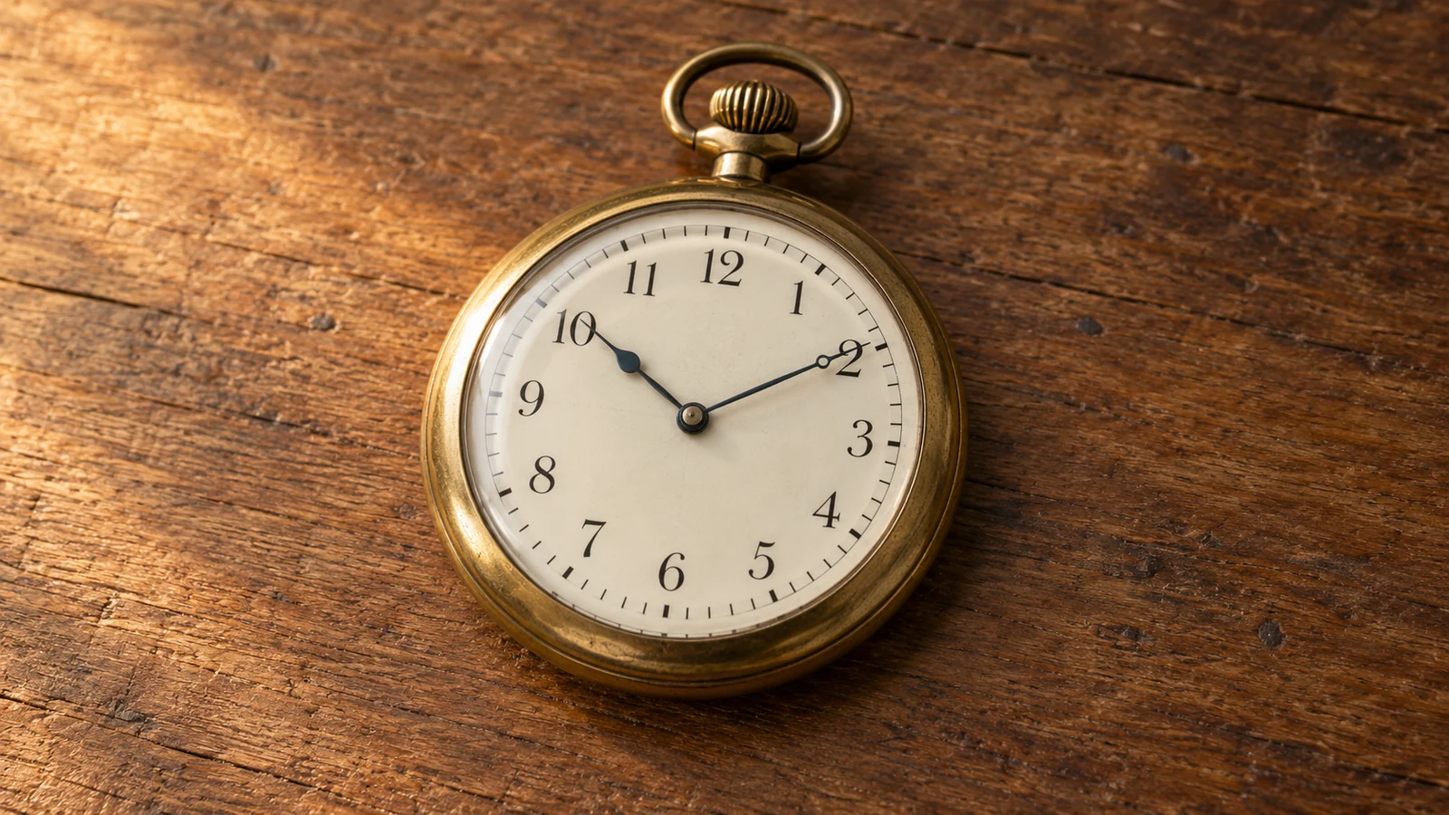 Montre de poche fictive en laiton, cadran clair à chiffres arabes et couronne supérieure, posée sur du bois.