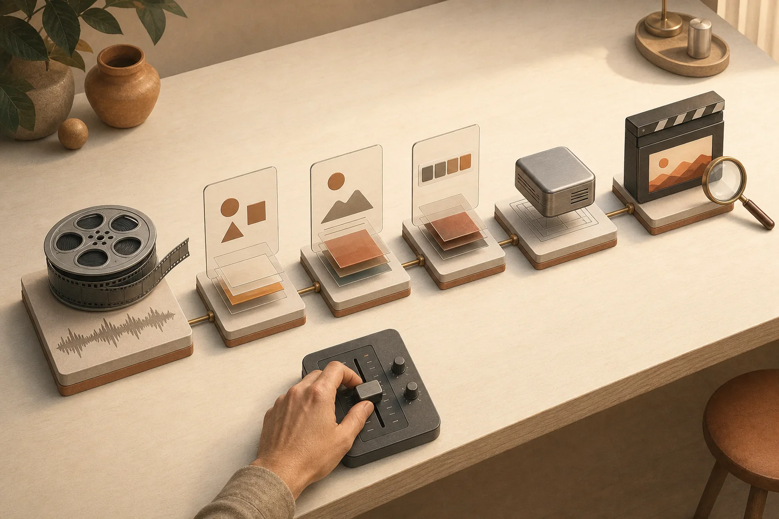 Un pupitre humain dirige une suite de modules symbolisant le rush, les couches graphiques, la 3D et le contrôle du résultat. Illustration conceptuelle générée avec GPT Image 2, distincte des réalisations vidéo présentées.