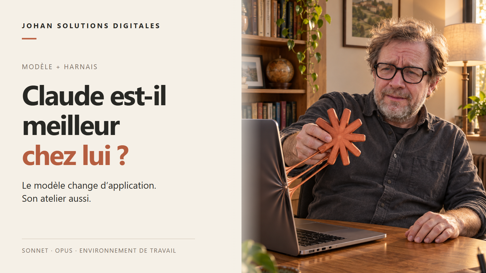 Claude est-il meilleur chez lui ? Un artisan dans son atelier tient le symbole de Claude, relié à son environnement par des fils.