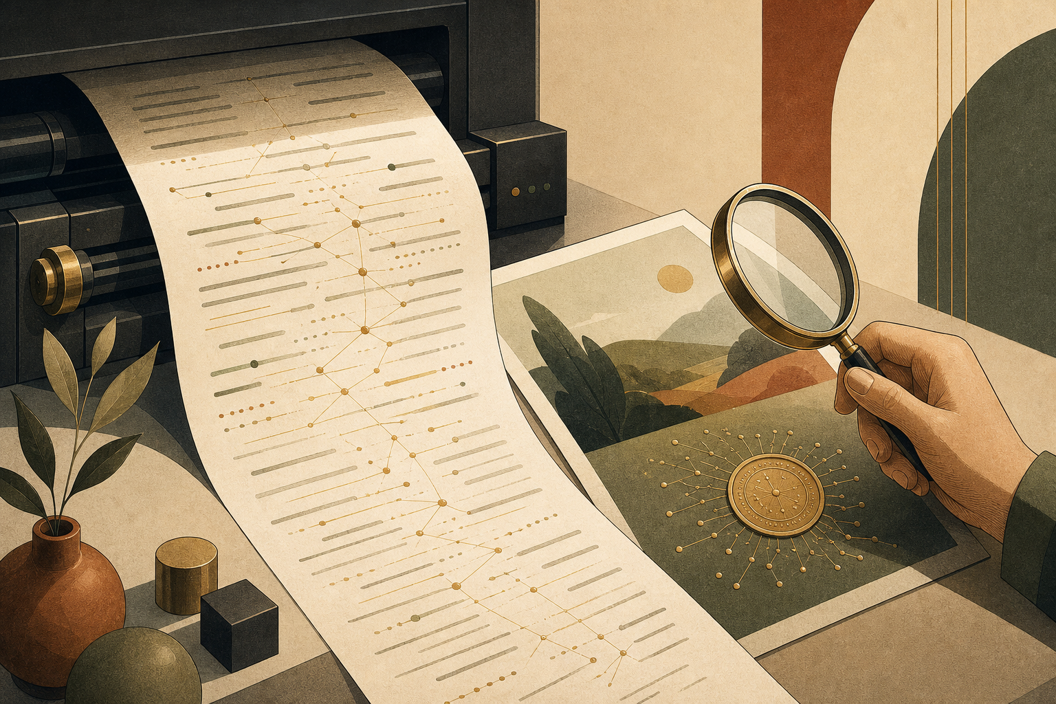 Une main examine à la loupe un document portant un motif statistique invisible et une preuve de provenance