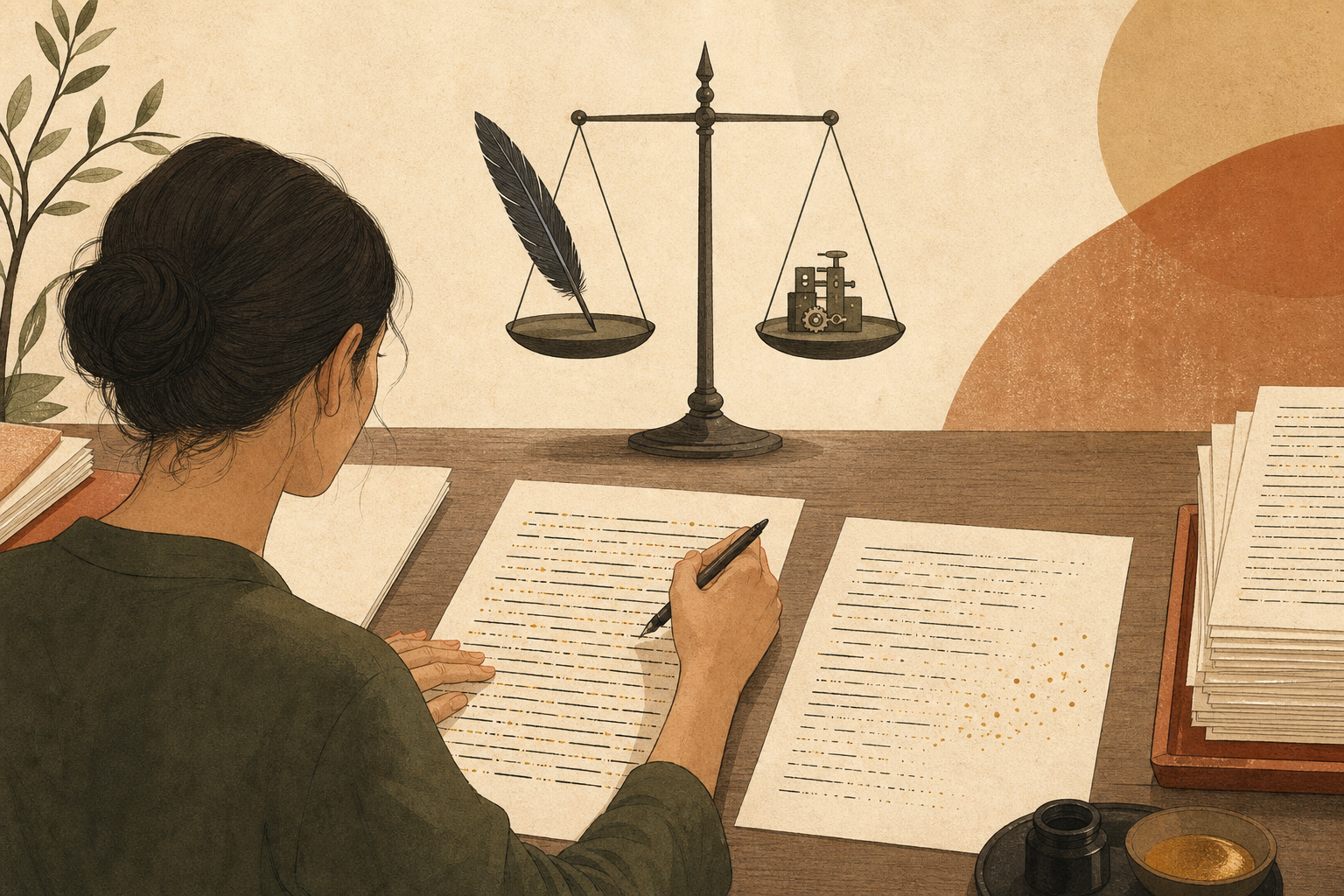 Une personne réécrit un document tandis qu’un motif statistique se dissout, sous une balance comparant plume humaine et mécanisme