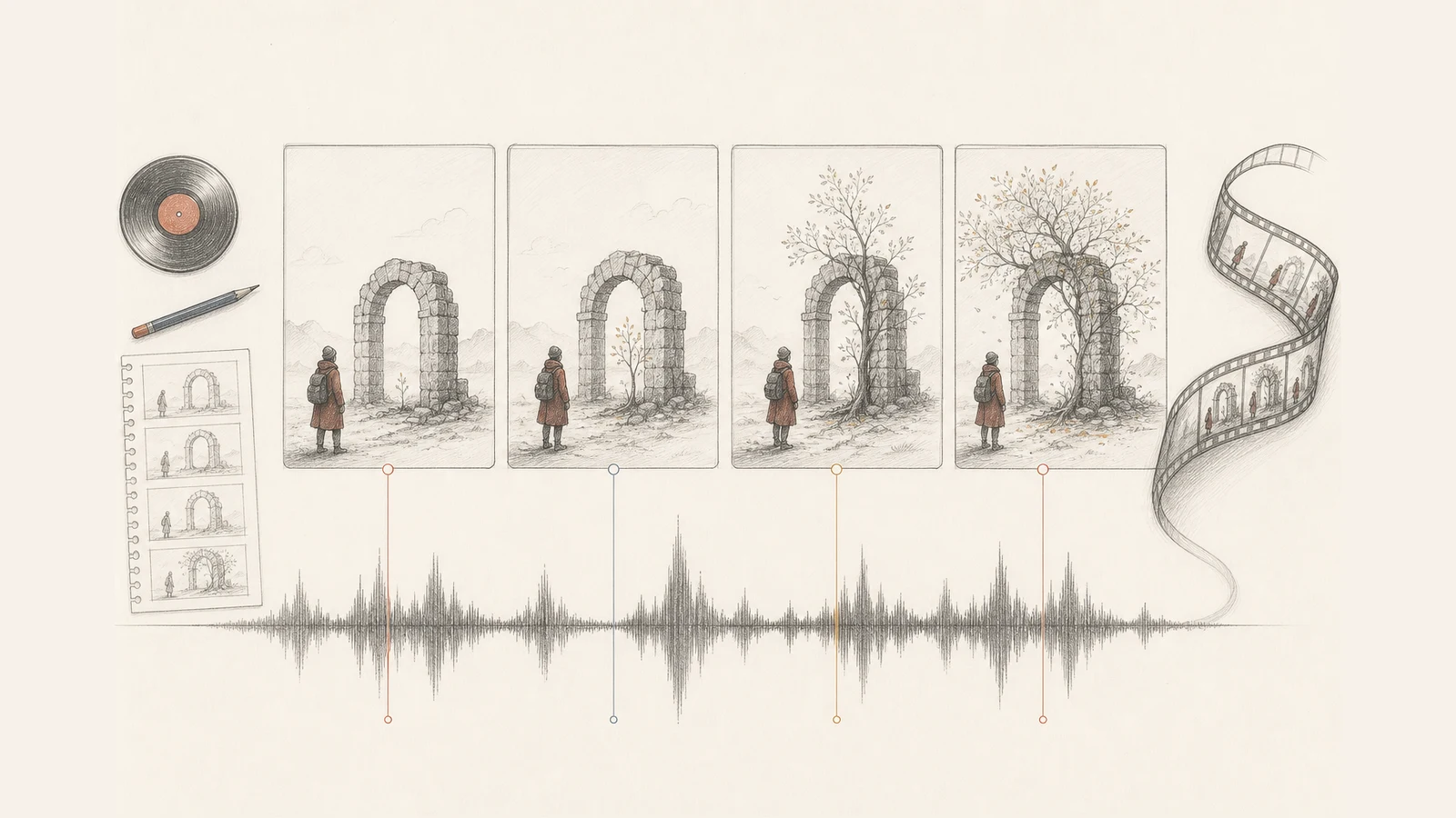 Illustration JSD1 : un même voyageur et une arche traversent quatre plans, reliés à une forme d’onde musicale.