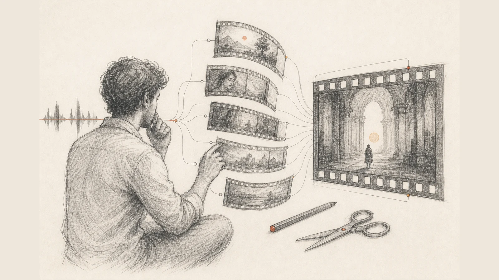 Illustration JSD1 au graphite : un créateur choisit et assemble des scènes pour mettre une chanson en images.
