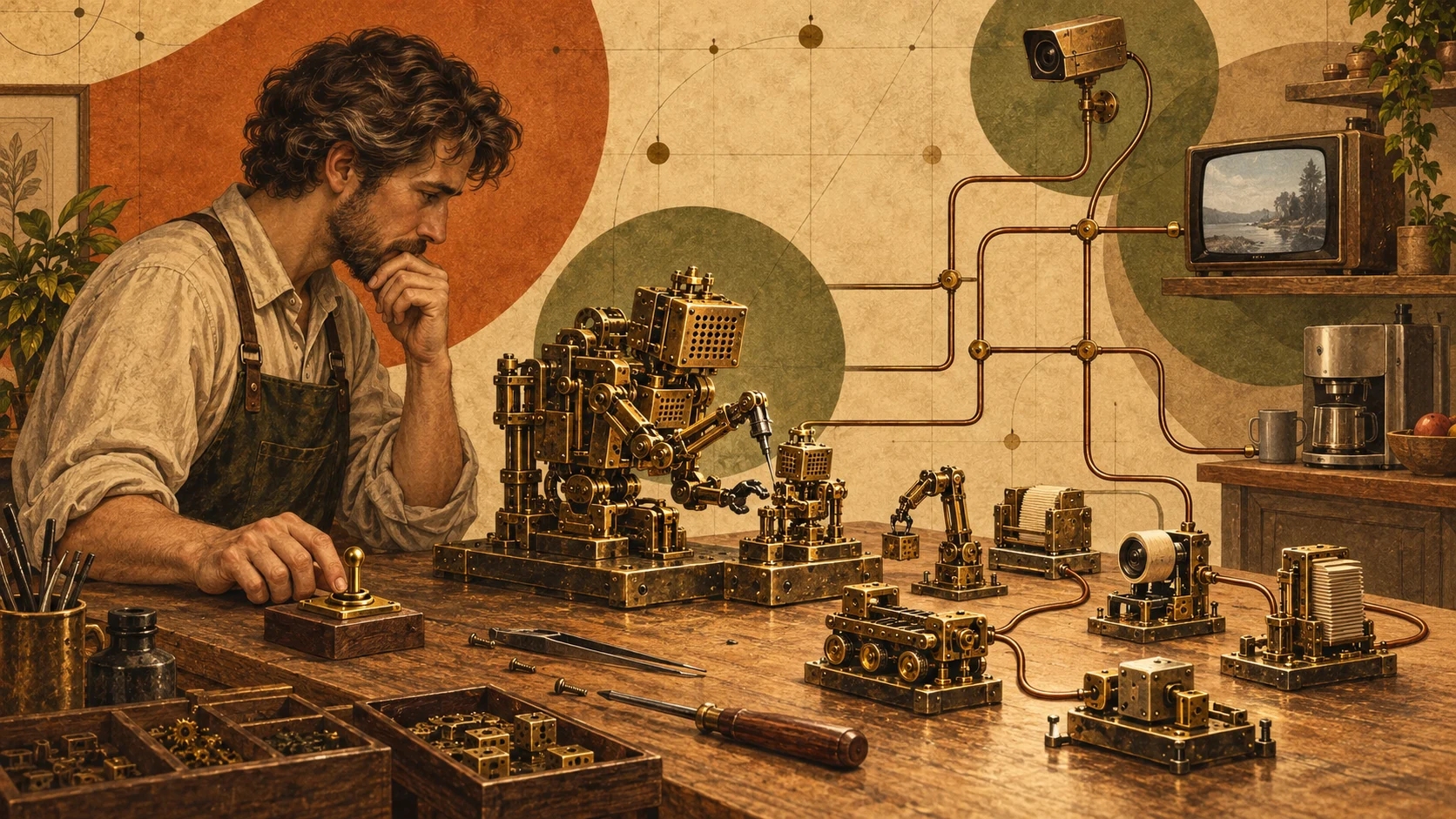 Dans un atelier rétrofuturiste aux tons chauds, un artisan observe de petites machines de laiton qui en assemblent d’autres, reliées à des appareils du quotidien. Sa main reste près d’un interrupteur.