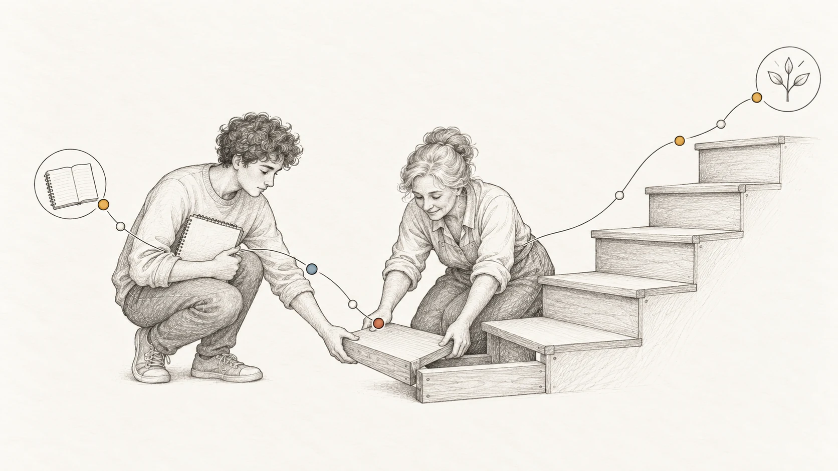 Une professionnelle expérimentée et un jeune débutant réparent la première marche d’un escalier, métaphore de la transmission et de l’accès au métier.