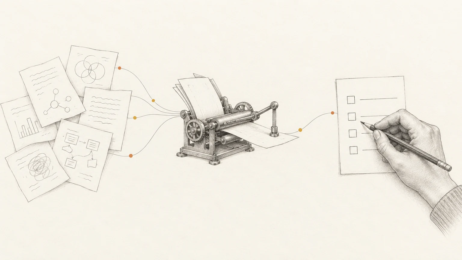 Des notes éparses passent par une machine dessinée au graphite ; une main humaine vérifie la liste produite. Métaphore d’un compte rendu assisté par IA et contrôlé avant utilisation.