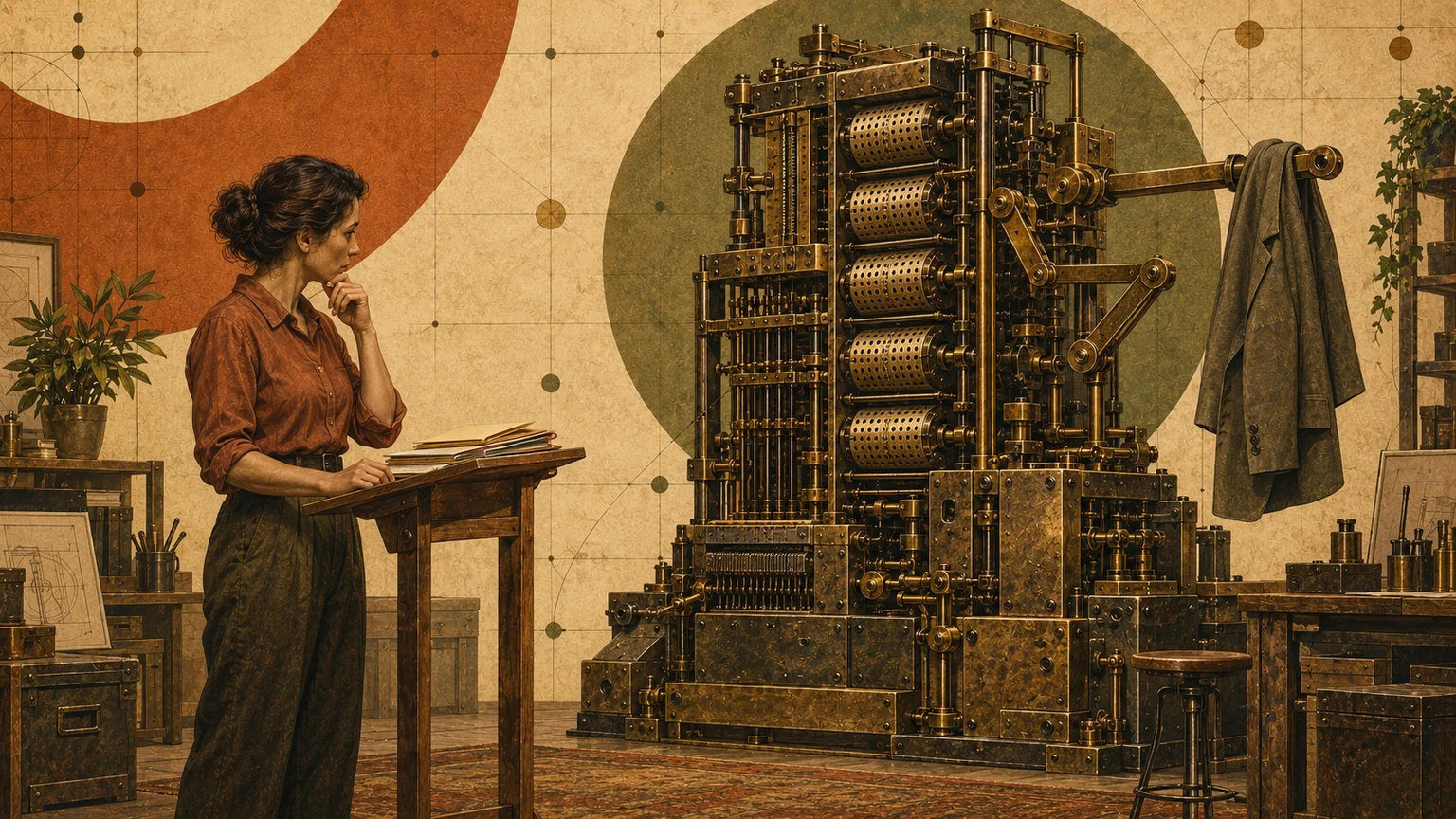 Dans un atelier rétrofuturiste aux tons chauds, une responsable examine une machine de laiton dont le bras sert de porte-manteau. Métaphore de l’utilité à définir avant d’adopter l’IA.