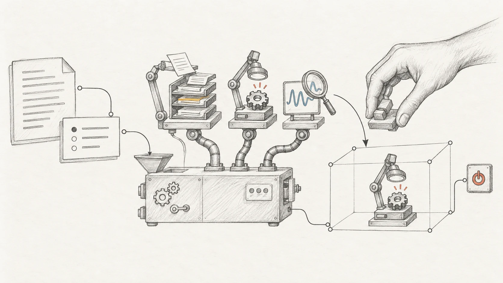Dessin au graphite : une machine prépare plusieurs petits outils spécialisés, puis une main humaine sélectionne un module pour une zone de travail délimitée, avec une commande d’arrêt accessible.