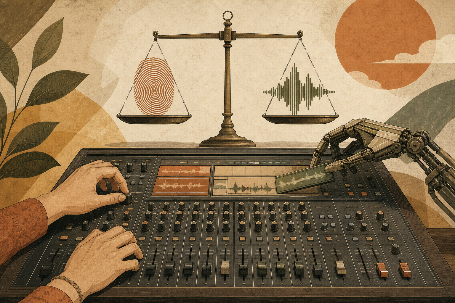 Des mains humaines et un bras mécanique travaillent sur une table de mixage sous une balance comparant empreinte et forme d’onde