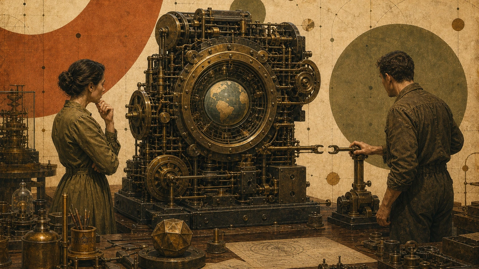 Deux chercheurs dans un atelier rétrofuturiste examinent un globe au cœur d’une machine dont la liaison au frein est interrompue, métaphore des limites du contrôle de l’IA.