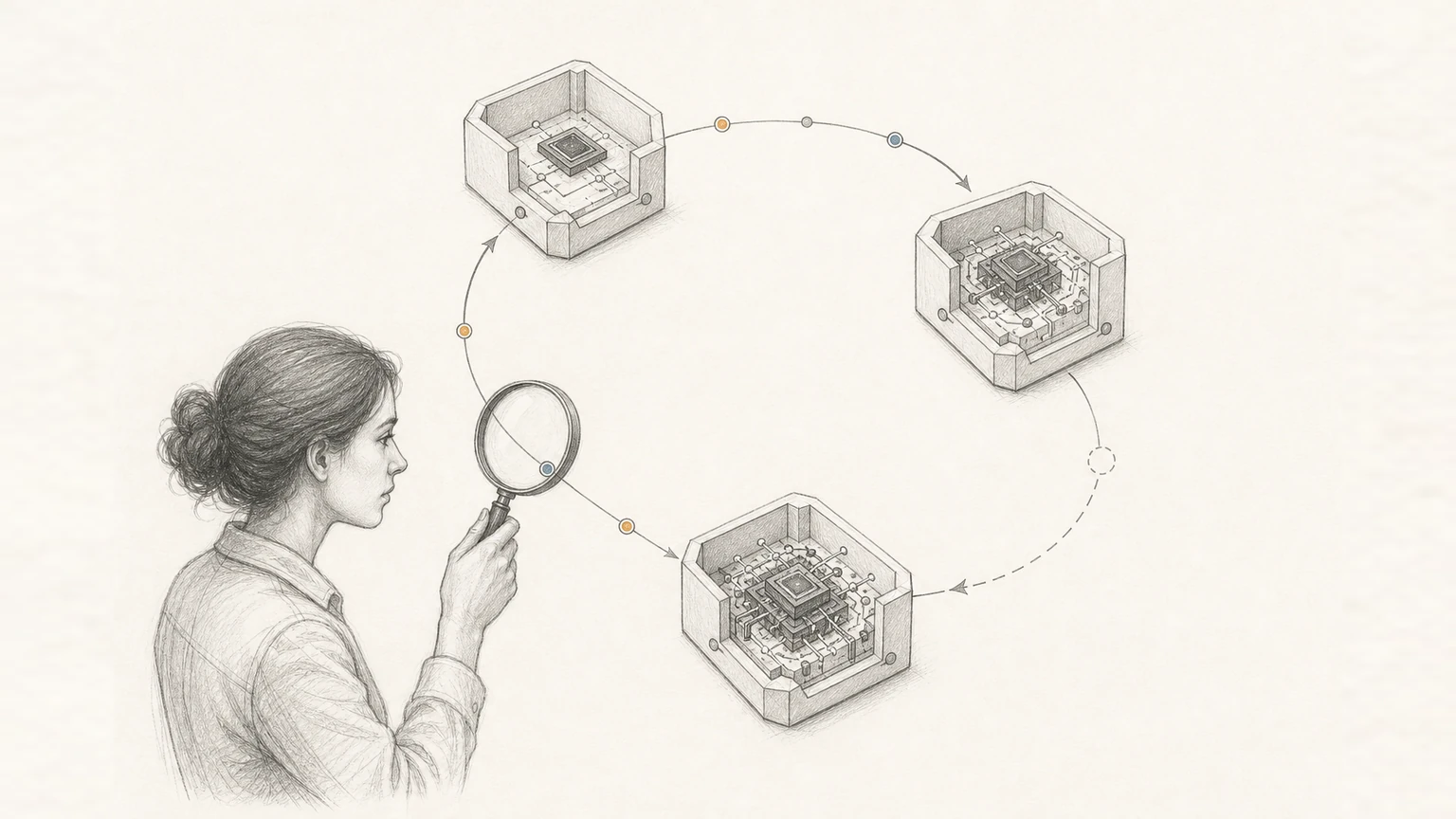 Une chercheuse observe une boucle de systèmes de plus en plus complexes, métaphore de l’auto-amélioration récursive.