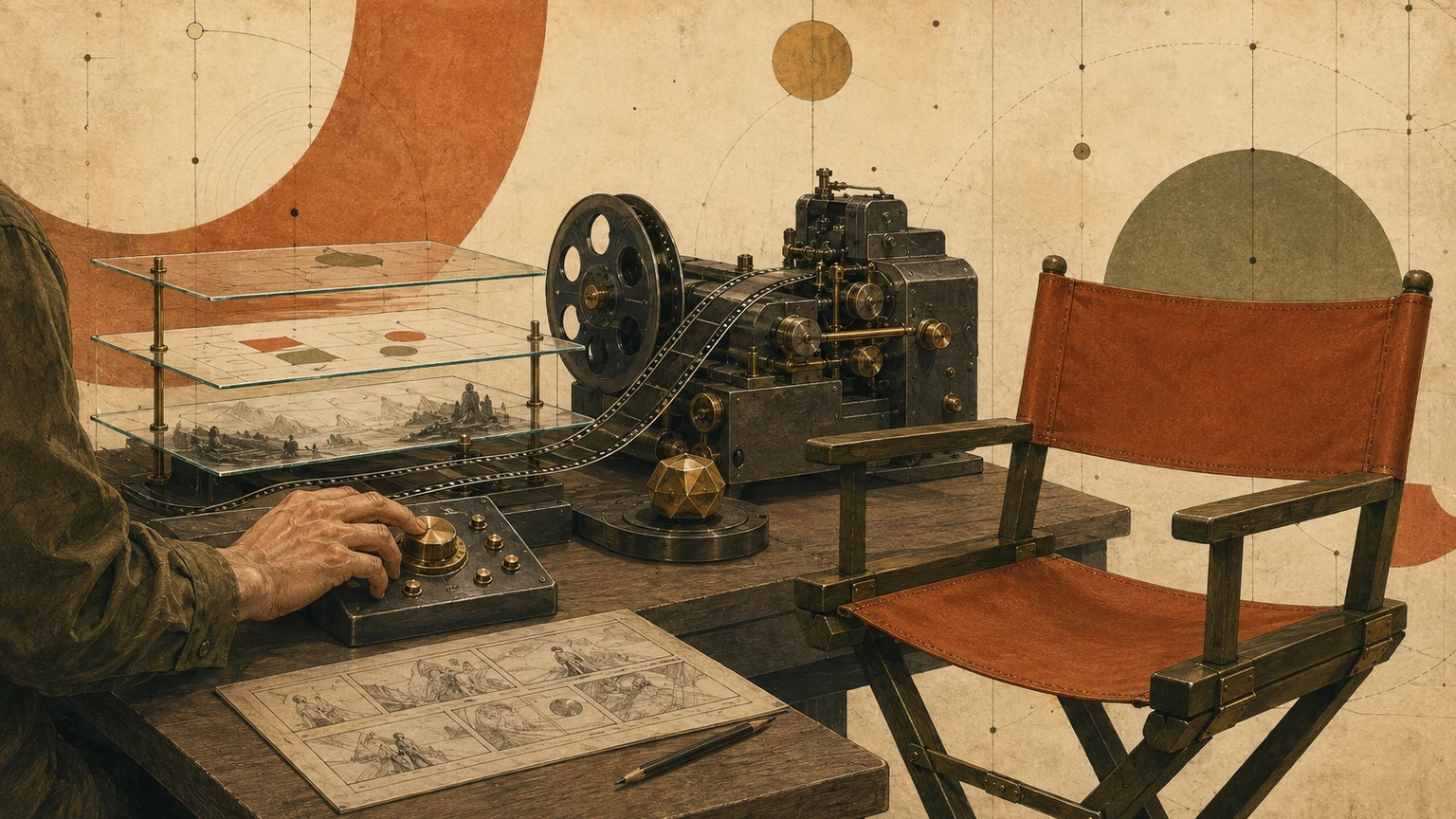 Un fauteuil de réalisateur vide devant un atelier de montage automatisé ; une main humaine garde les commandes à côté d’un storyboard. Illustration éditoriale rétrofuturiste générée avec GPT Image 2.