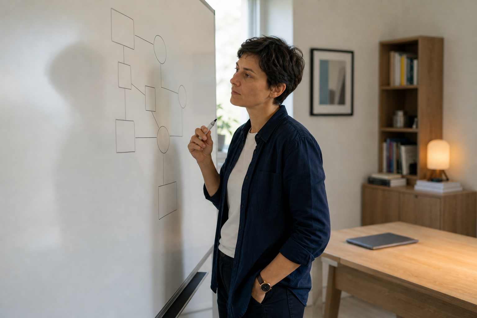 Apprenante reconstruisant une carte mentale de mémoire devant un tableau blanc