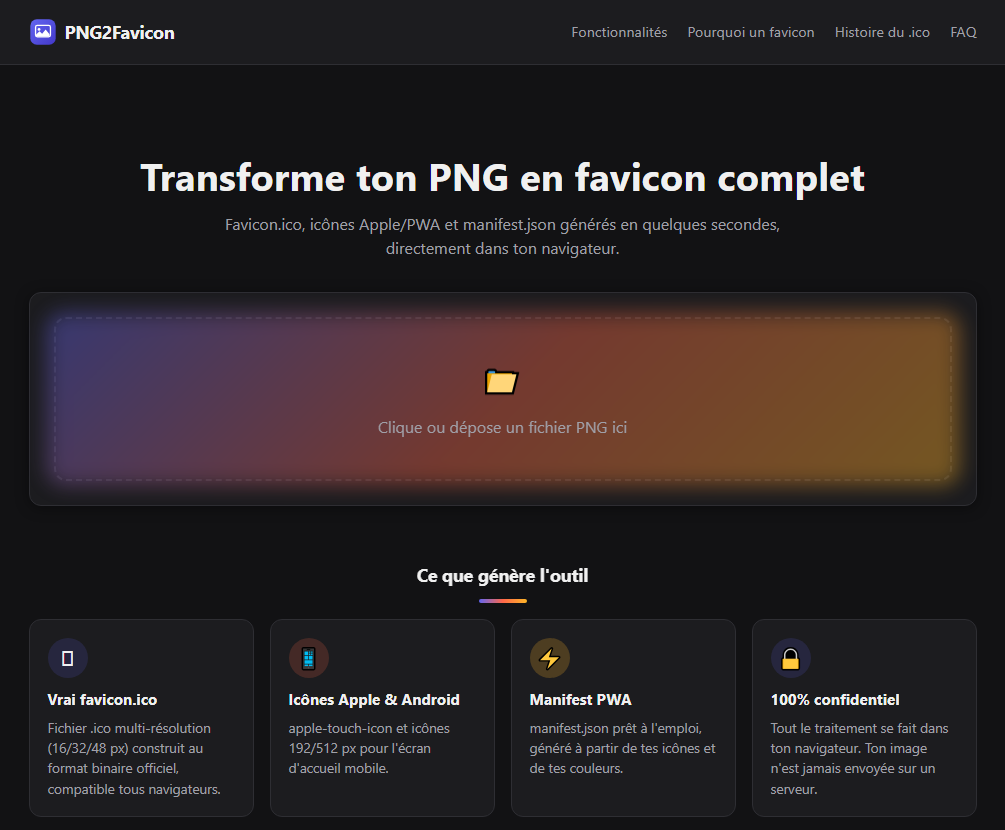 Page d’accueil de PNG2Favicon avec la zone de dépôt d’un PNG et les formats proposés.
