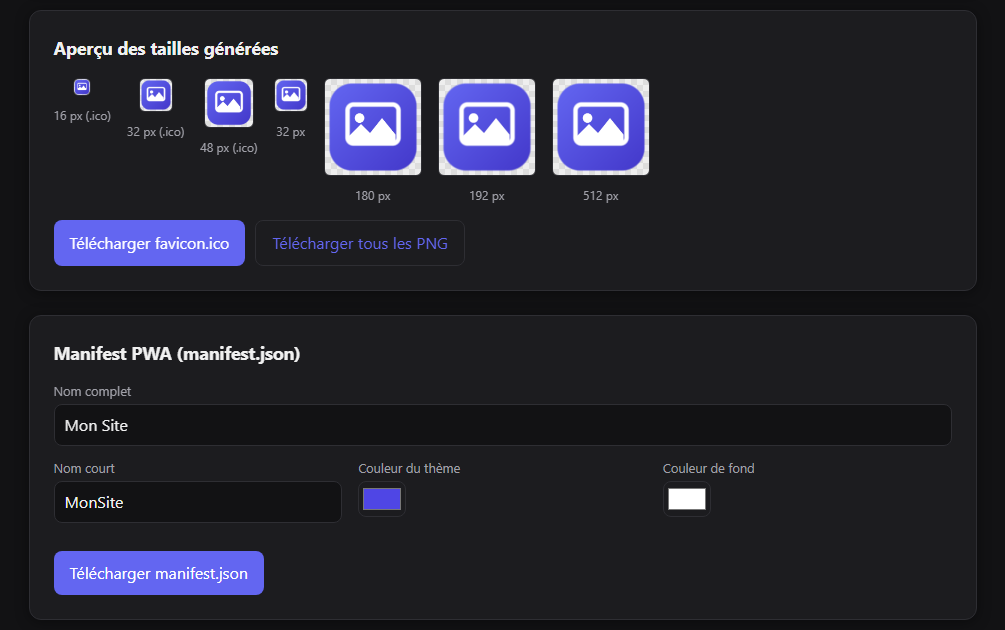 Aperçus réellement générés par PNG2Favicon à partir de l’icône publique du site, avec les tailles disponibles et les paramètres du manifest.