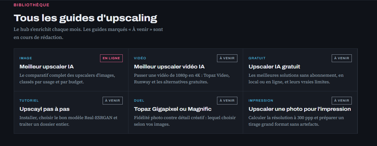 La bibliothèque UpscaleHub distingue le comparatif déjà en ligne des guides encore marqués « À venir ».
