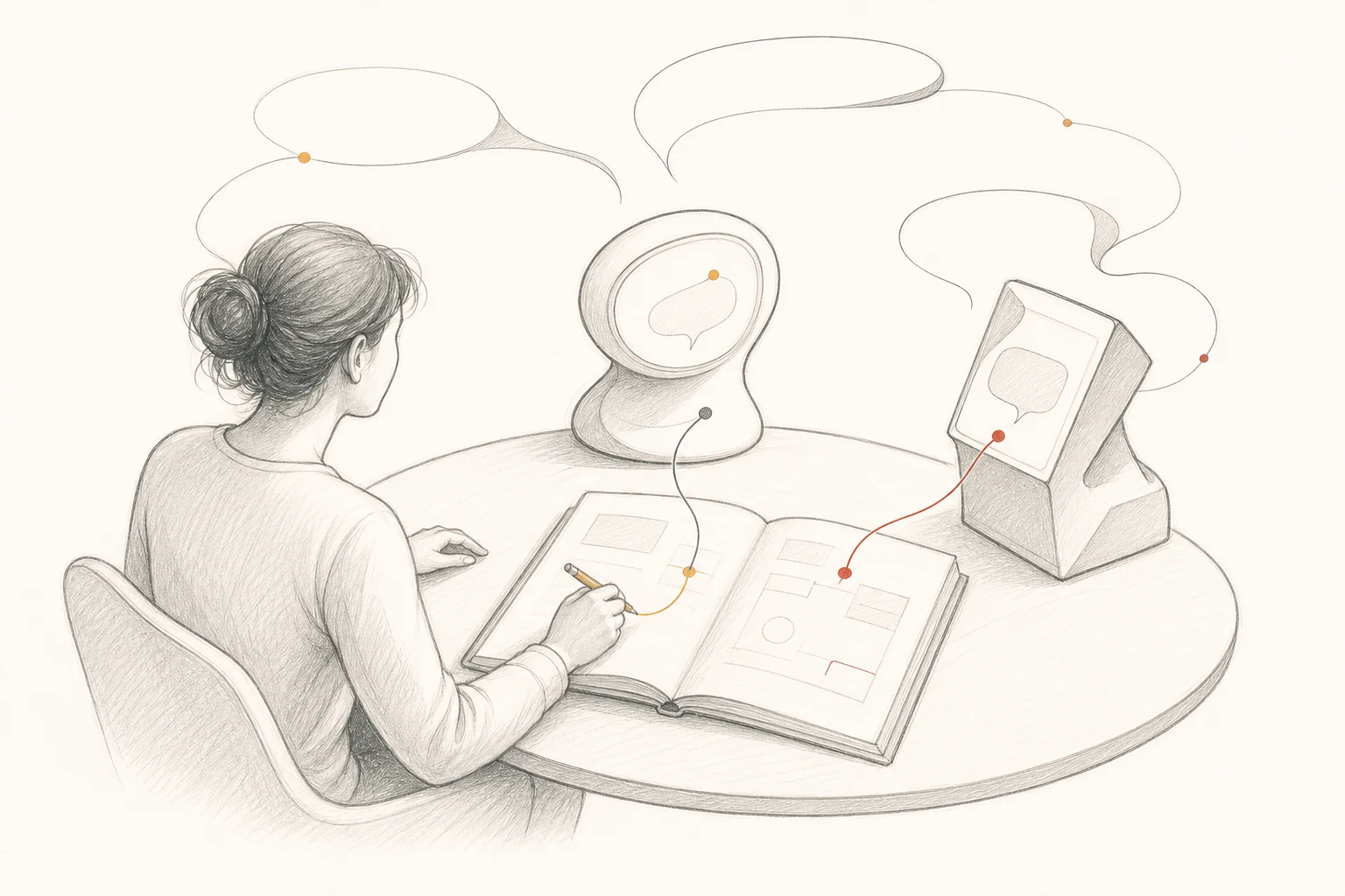 Illustration symbolique au graphite : une personne et deux assistants IA représentés par des terminaux contribuent à un carnet commun.