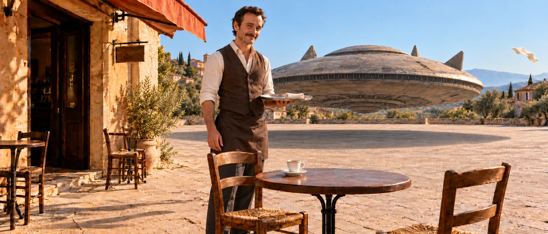 Image de référence de fin : le serveur en gilet brun, une tasse sur la table ronde et le vaisseau au-dessus de la place, derrière la terrasse ocre.