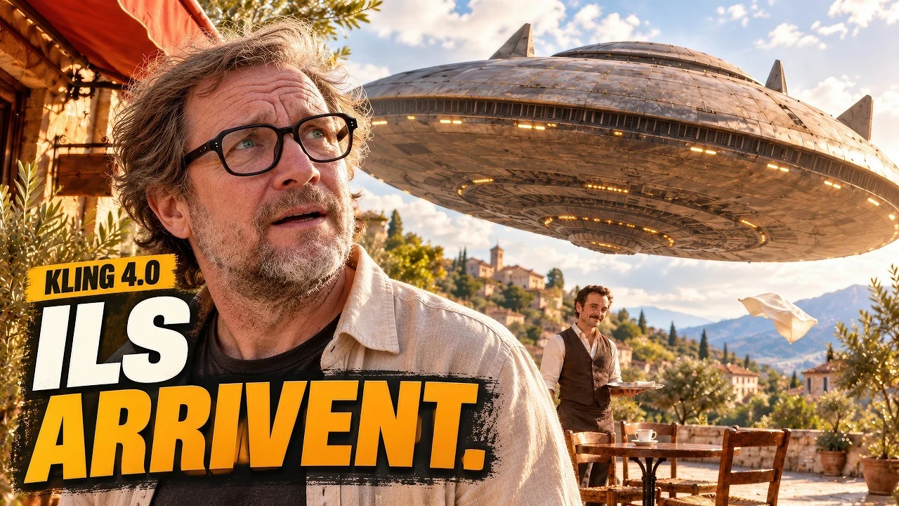 Johan devant une soucoupe volante et un serveur sur une terrasse, avec les textes « KLING 4.0 » et « ILS ARRIVENT. ».