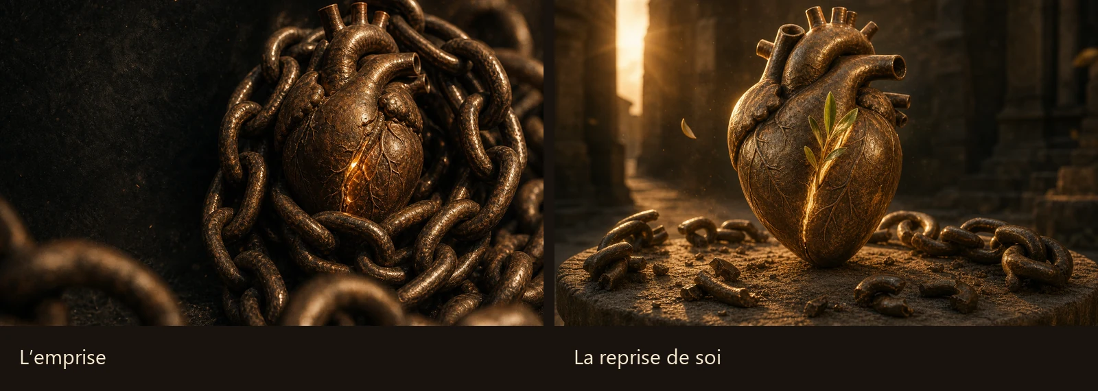 Deux images de travail du clip : à gauche, le cœur de bronze enchaîné ; à droite, le cœur libéré laisse pousser une branche.