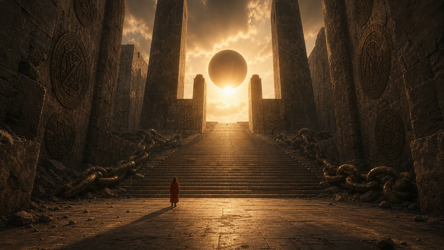 Un voyageur en manteau rouille monte un escalier monumental vers un soleil éclipsé, image de travail du clip Le Sauveur.