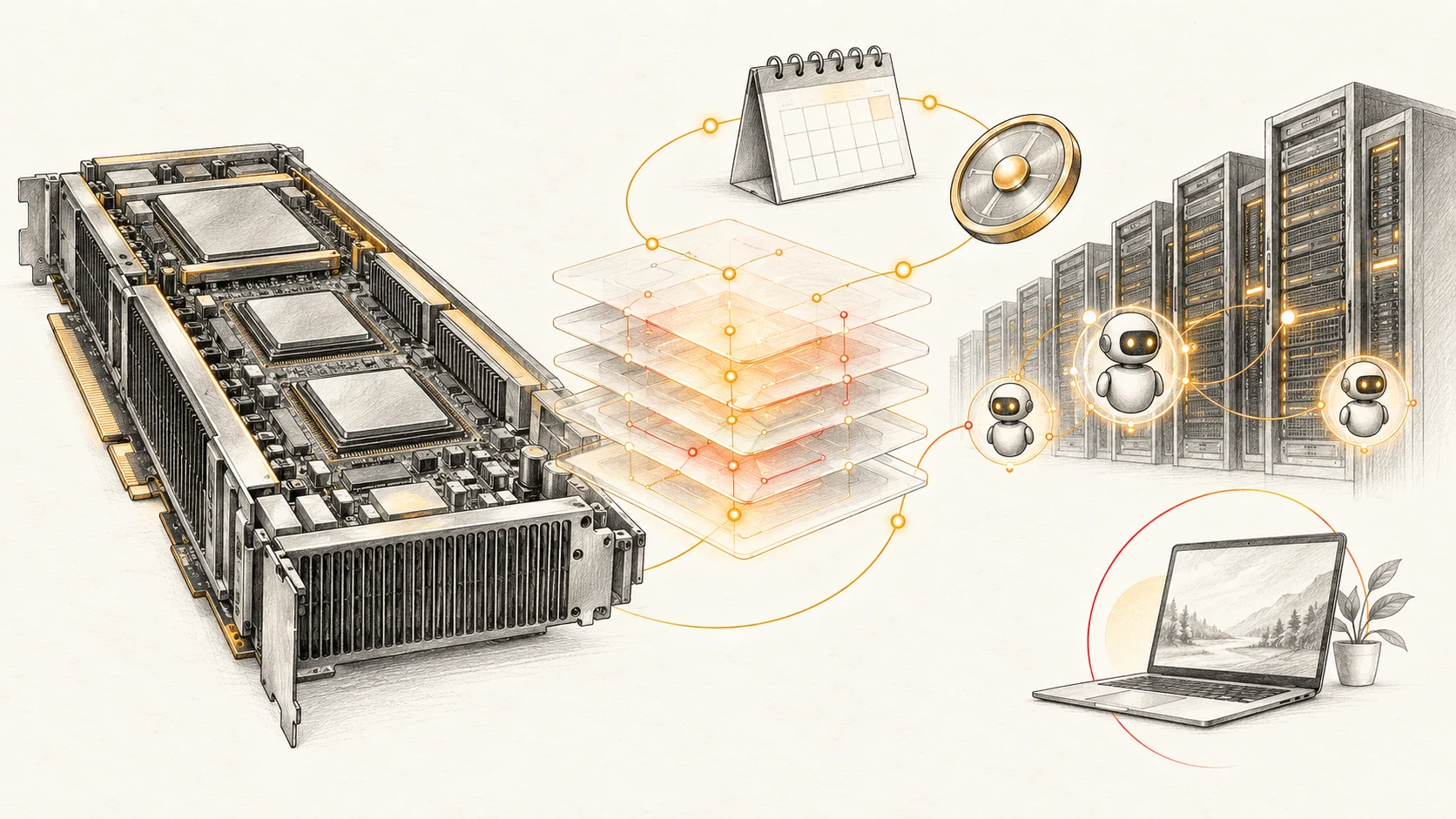 Illustration au graphite d’un accélérateur de serveur relié à des couches logicielles, un calendrier et des baies de datacenter