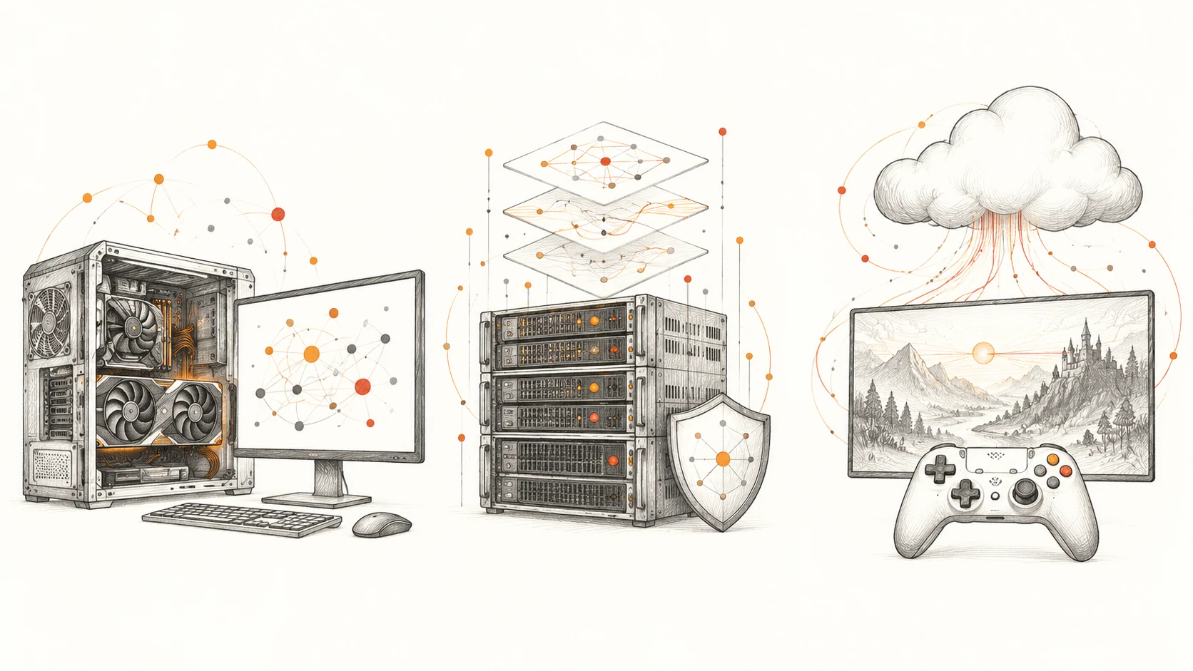 Trois usages dessinés au graphite : ordinateur personnel pour l’IA locale, serveur d’entreprise avec couche de sécurité et manette reliée au cloud gaming