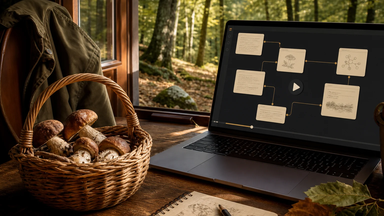 Un panier de cèpes près d’un ordinateur affichant un lecteur de tutoriel, face à la forêt. Illustration symbolique générée avec GPT Image 2, pas une photographie de l’expérience.