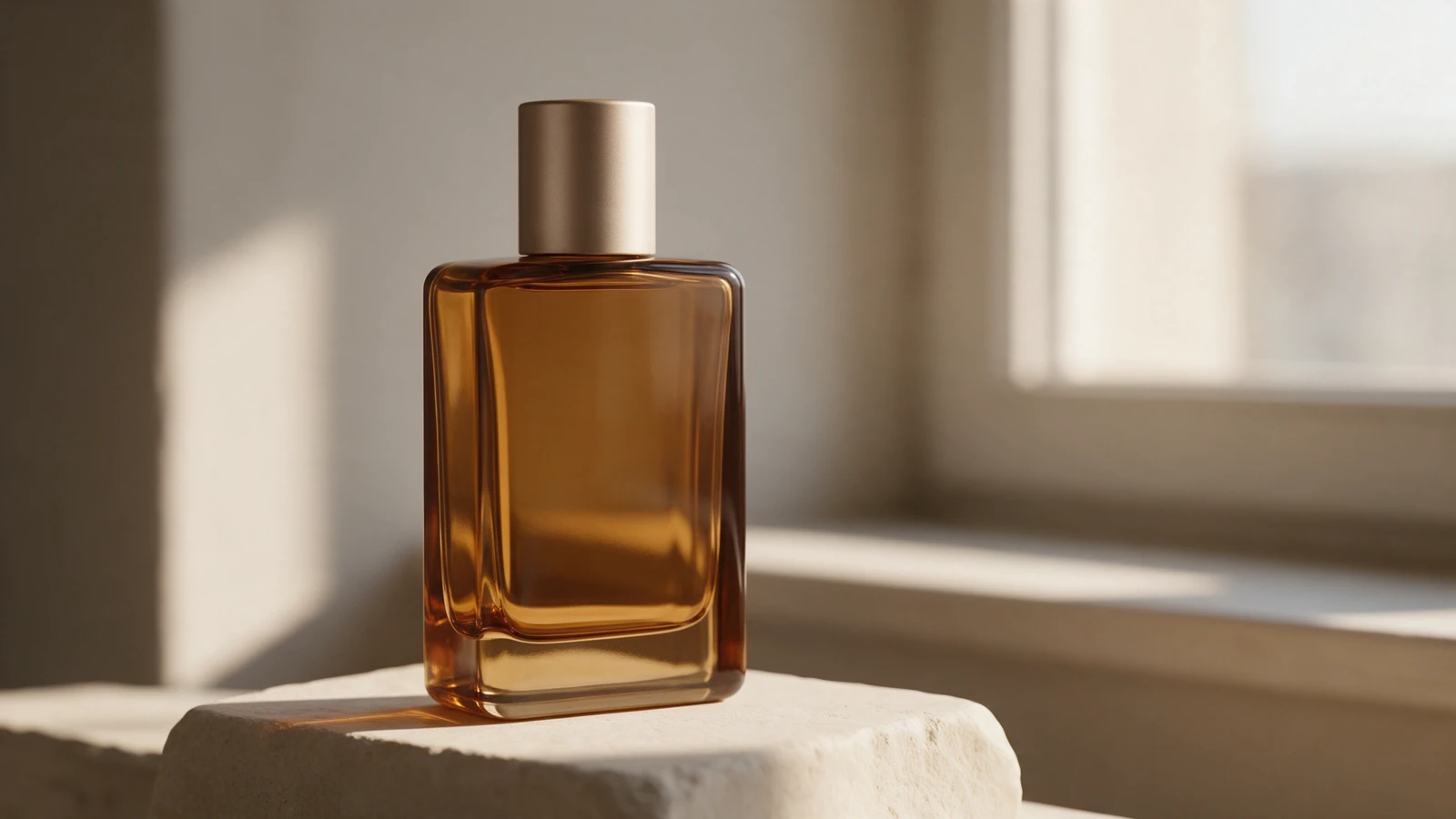 Image de référence générée pour le projet : flacon de parfum en verre ambré, bouchon cylindrique champagne, posé sur une pierre claire près d’une fenêtre.