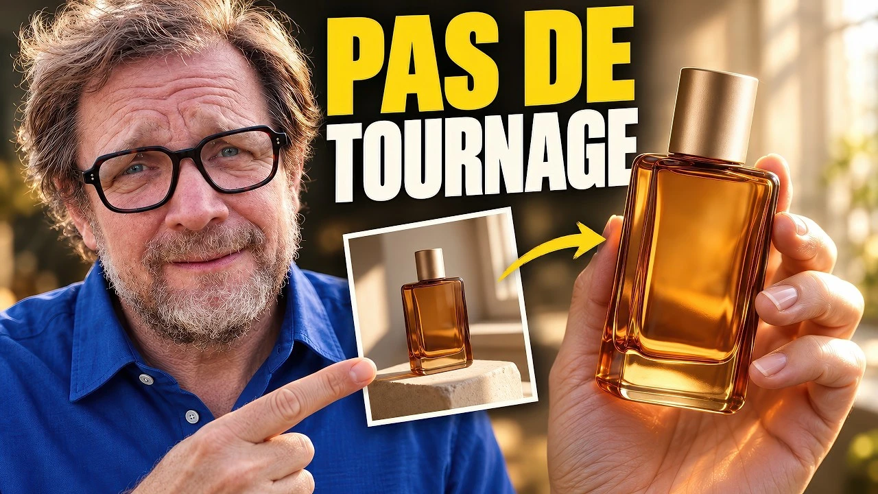Johan présente un flacon de parfum ambré sur la miniature « Pas de tournage » de son tutoriel OpenArt.