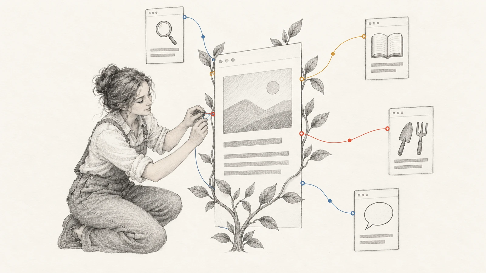 Une jardinière relie une grande page web à quatre pages utiles, comme les branches d’une plante.