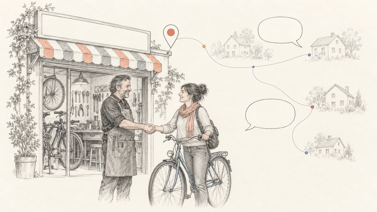 Devant un atelier de vélos, un artisan serre la main d’une cliente, près d’un réseau de maisons et de bulles de dialogue.