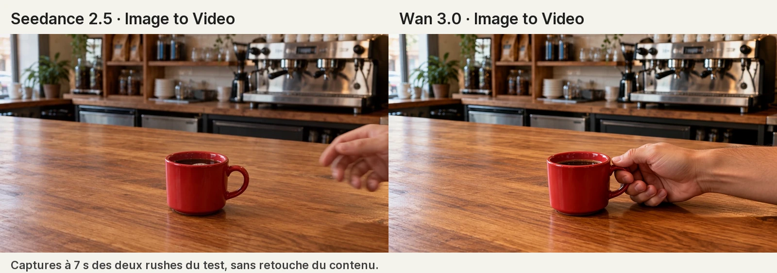 Captures des deux rushes Image to Video à 7 secondes : Seedance 2.5 à gauche, Wan 3.0 à droite ; la main n’a pas atteint la tasse au même moment.