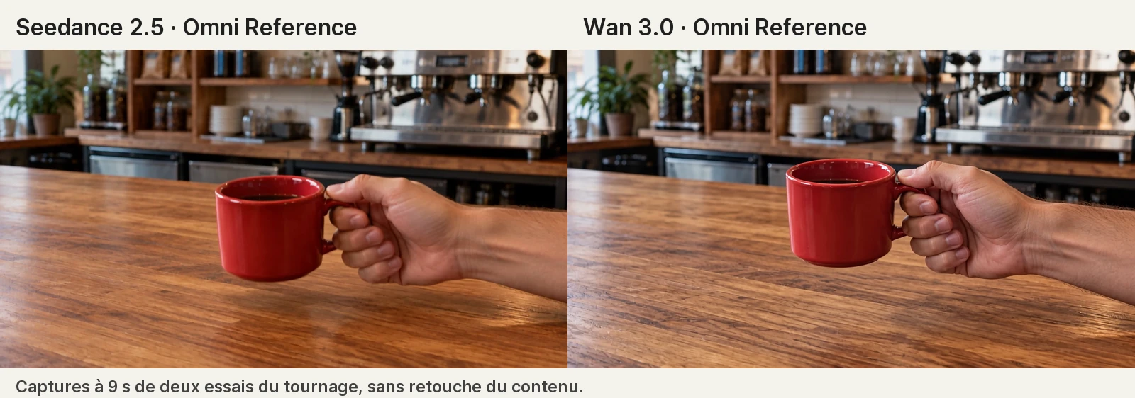 Deux essais Omni Reference du tournage à 9 secondes : Seedance 2.5 à gauche et Wan 3.0 à droite, avec la tasse rouge tenue par son anse.