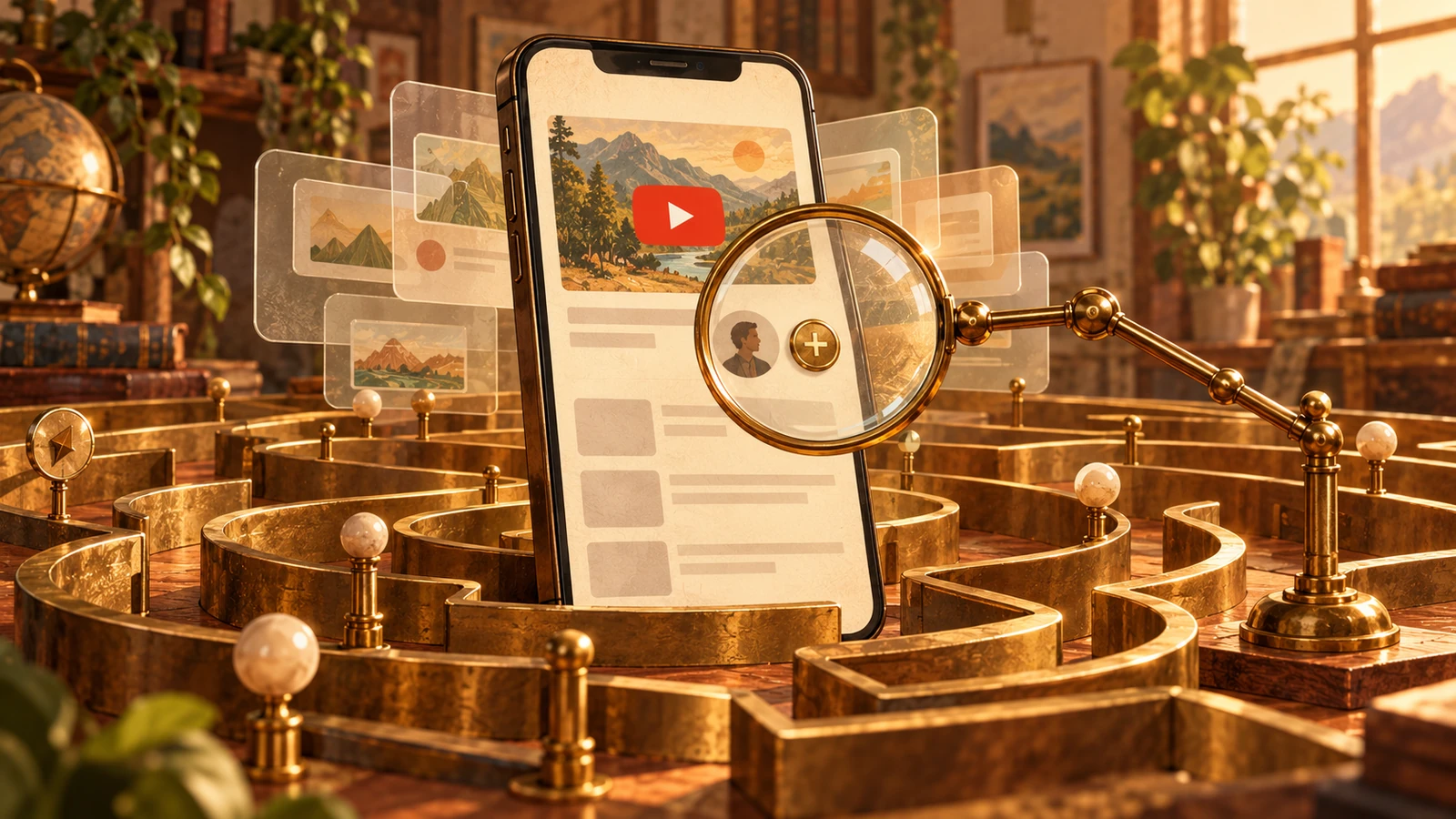 Un smartphone dans un labyrinthe de laiton, avec une loupe braquée sur un petit bouton plus : une métaphore des nouveaux repères dans YouTube.