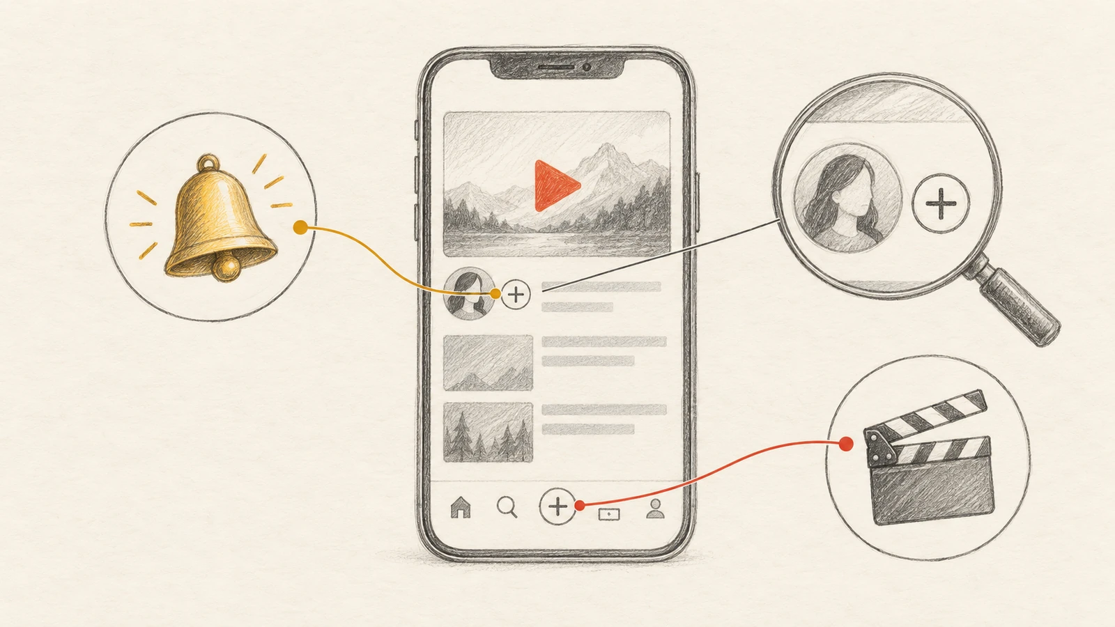 Illustration conceptuelle au graphite : deux symboles plus à des endroits différents sur un téléphone, reliés à une cloche et à un clap de cinéma.