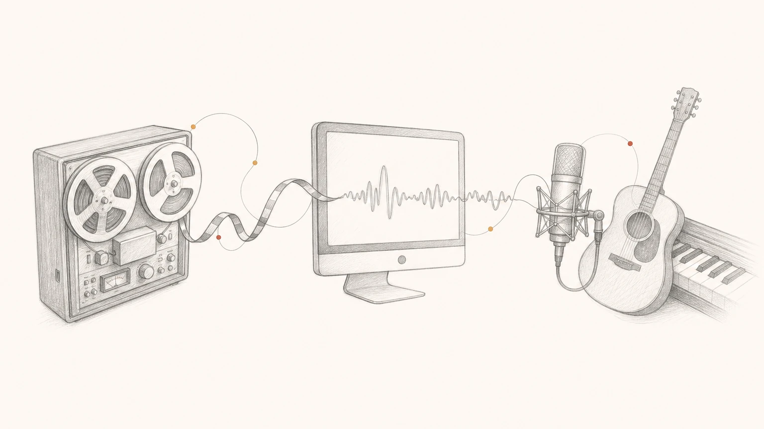 Un magnétophone à bandes relié à un ordinateur puis à des instruments, illustration de la réinterprétation d’une ancienne chanson avec YuE2.