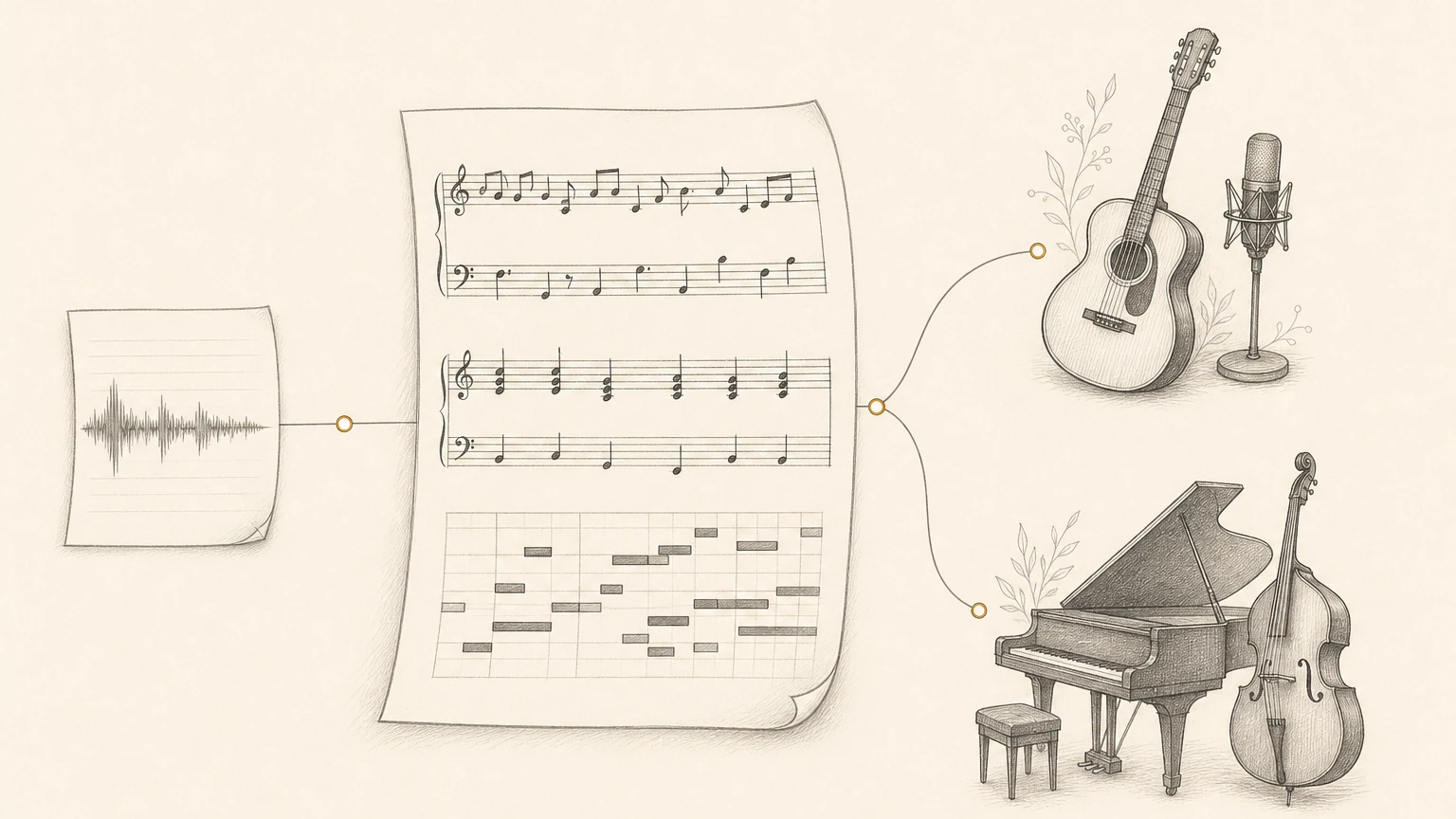 Illustration au graphite : un enregistrement devient une partition et des notes MIDI, puis deux arrangements avec guitare ou piano et contrebasse.